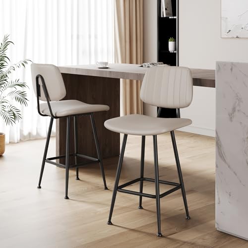 Image of Raynesys 24-Inch Leather Bar Stools Set of 3 with High Backrest, Beige