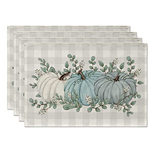 Artoid Mode Pumpkins Eucalyptus Leaves Placemats Set of 4, 12x18 Inch Fall Autumn Thanksgiving Harvest Vintage Table Mat for Party Dining Decoration