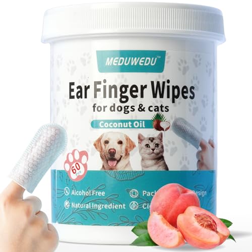 Image of MEDUWEDU Ear Cleaner Finger Wipes 60 Counts, Dog Ear Cleaner, Grooming Kit Care for Dogs and Cats, Soft & Easy Otic Cleaning Pads, Remove Wax, Dirt & Stop Smelly, Itchy, Non-Irritating, Peach Scent