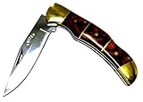 Valtev Folding Pocket Knife, Hunting Style, Quality Stainless Steel Lockback Blade, Brass and Wood Inlay Handle, Sturdy Nylon Pouch