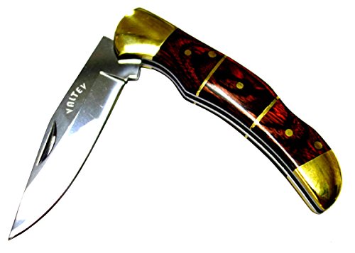 Valtev Folding Pocket Knife, Hunting Style, Quality Stainless Steel Lockback Blade, Brass and Wood Inlay Handle, Sturdy Nylon Pouch