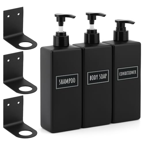 Image of Segbeauty Wall Mounted Shower Dispenser, 3pcs 16.9oz Drill Free Matte Black Bathroom Soap Dispenser Set, 500ml Refillable Shampoo and Conditioner Bottles Plastic Pump Bottle Dispenser with Labels