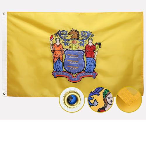 Double Sided New Jersey State Flag 3x5 Outdoor The Longest Lasting NJ Flags Heavy Duty 210D Nylon, Sewn Stripes, Embroidered, Stronger Brass Grommets,4 Stitched Hemming, Perfect for Outside