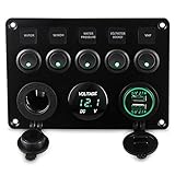 【Interruptor de encendido marino multifunción】: incluye 5 interruptores de palanca LED azules de encendido y apagado, enchufes de encendedor de 12 V, cargador USB dual (5 V 2,1 A) y voltímetro digital LED de 12 V/24 V. Ideal para control de circuitos, necesidades de carga y monitoreo de voltaje.