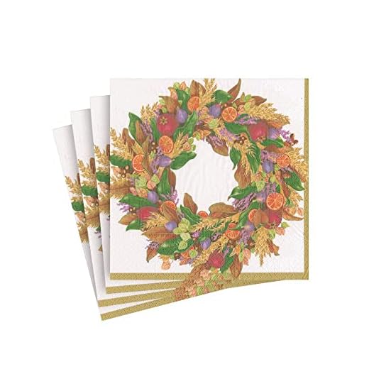 Caspari Autumn Wreath Paper Cocktail Napkins in Ivory - Two Packs of 20