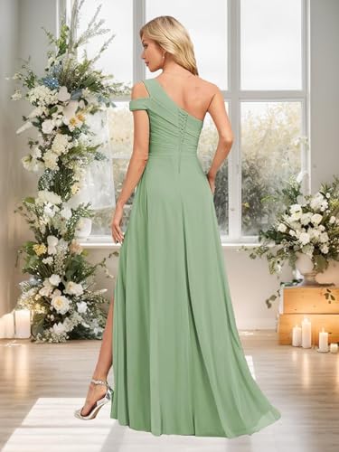 One Shoulder Bridesmaid Dresses with Slit Chiffon Pleated Long Formal Party Gowns MT0043