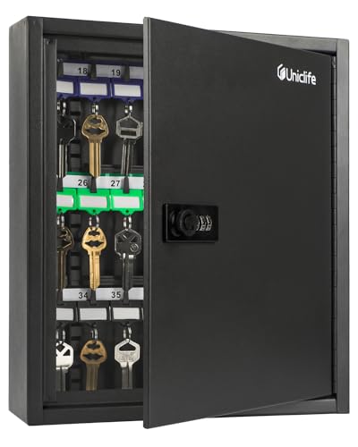 Uniclife 40 Position Key Cabinet with Combination Lock Resettable Black Security Storage Box Steel Key Organizer with Adjustable Racks Colorful Key Tag Labels and Hooks
