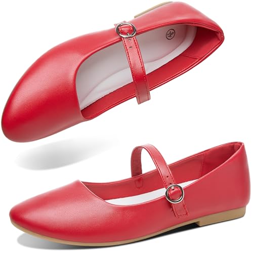 Image of ALTOCIS Mary Jane PU-Leather Shoes for Women Round Toe Dress Ballet Flats Ladies Casual Office Dress Shoes for Work(Red US9)