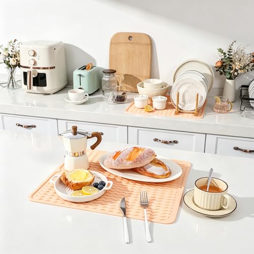 Image of CAKETIME 2 Pack Silicone Dish Drying Mat for Kitchen Counter Place mats Cooking Accessories Drainers Rack Under Sink Protector Home Household Items Extra Large 18 inchx16 inch Beige