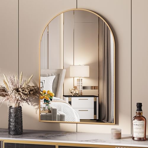 Clevich Espejo de Pared 66 x 96 cm, Espejo de baño con Marco de Aluminio, Arco semicircular, Espejo de Maquillaje de Vidrio Templado, para baño, Pasillo, salón, Dormitorio, Dorado