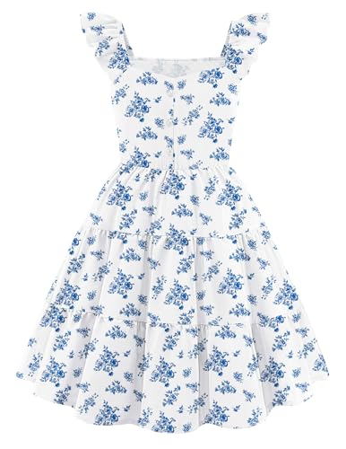 Arshiner Tween Dress Ruffle Sleeves Tiered Casual White Blue Floral Print Beach Sundress with Pockets 13-14Y