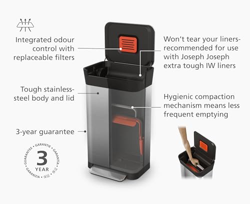 Joseph Joseph Intelligent Waste Titan Trash Can Compactor with Odor Filter, Holds Up to 90L After Compaction, Stainless Steel, 30L