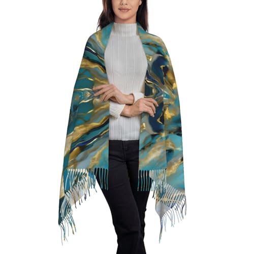 Azurite Teal and Foil Gold Oil Marble Pattern Print Imitation cashmere long velvet tassel scarf,Winter keep Warm Shawl Wrap.3