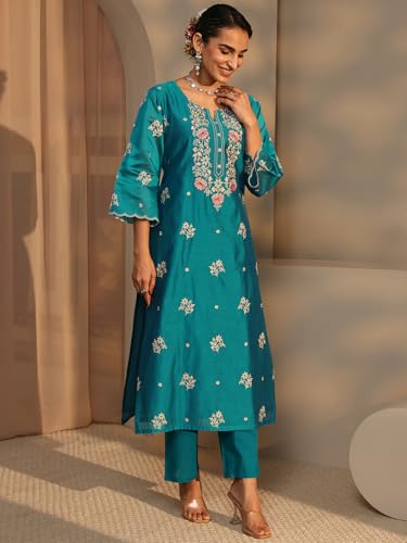 Image of Libas Art Embroidered Silk Blend Straight Kurta With Trousers and Dupatta | ethnic wear | bridal suit | wedding dress | occasion wear