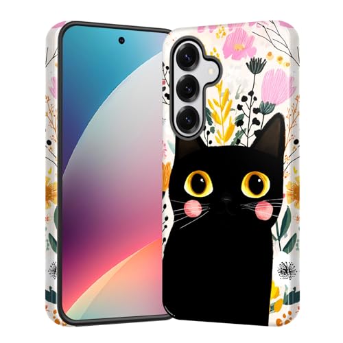 CICPLKSE for Samsung Galaxy A27 5G Case, Shockproof Dual Layer Soft TPU + Hard PC Protective Cover, Raised Camera & Screen, Glossy Slim Grip for Women Girls,Black Cat Floral Pattern