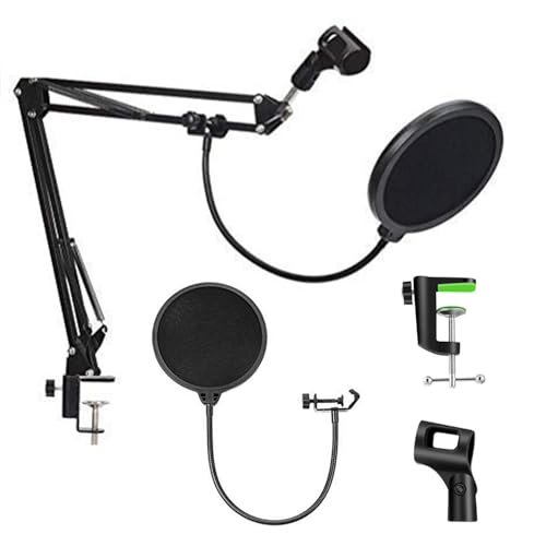 Kadence NB35-POP Suspension Boom Scissor Microphone Arm Stand with POP Filter | Universal clamp with mic holder & 3/8″ to 5/8″ adapter for shock mounts | Suitable for stages, studios