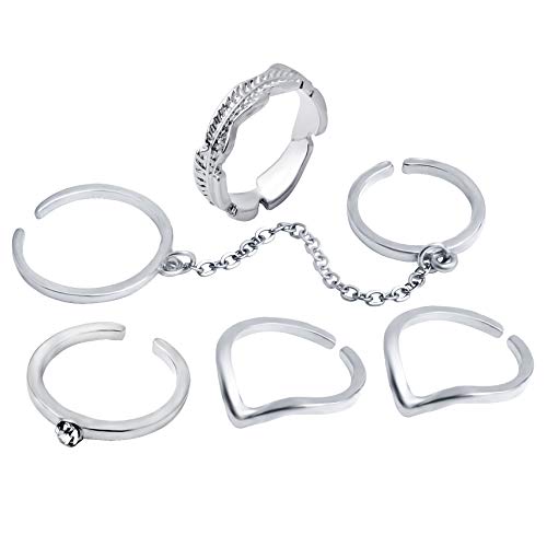 Coucoland 6pcs Stack Rings Leaf V Rhinestone Joint Rings Knuckle Nail Ring Set (Silver)