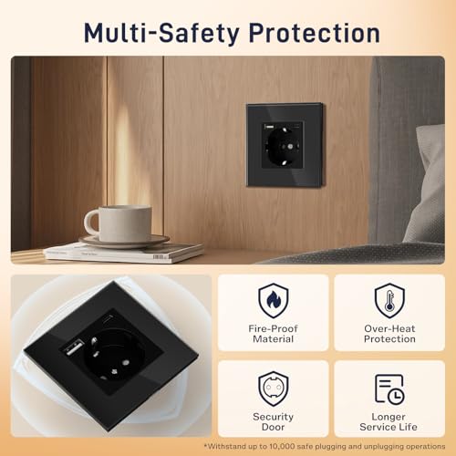 BSEED Schuko Steckdose Mit USB (Max. 2.1A) Und Typ C Port - Schwarz Glas Unterputz Schutzkontakt-Steckdose Ladegerät Für Handys, Laptops Etc