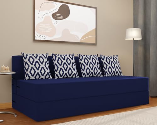 Adorn India Easy 4 Seater Sofa Cum Bed (Rhombus Pattern) Size 6' X 6' Ft (Blue Color) Perfect for Home & Office for Guests (1 Year Warranty)