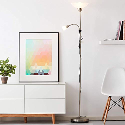 Lampadaire simple 1 ampoule E27 max. 60 W avec bras de lecture et articulation flexible 1 ampoule E14 max. 40 W Métal/verre Fer/blanc