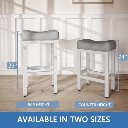 Image of 29 Inch Bar Height Bar Stools Set of 2, 29 inch Barstools for Kitchen Island Counter, Backless Bonded Leather Bar Height Stools with Thick Saddle Seats & Heavy Duty Metal Base, Easy Assembly, Gray /White