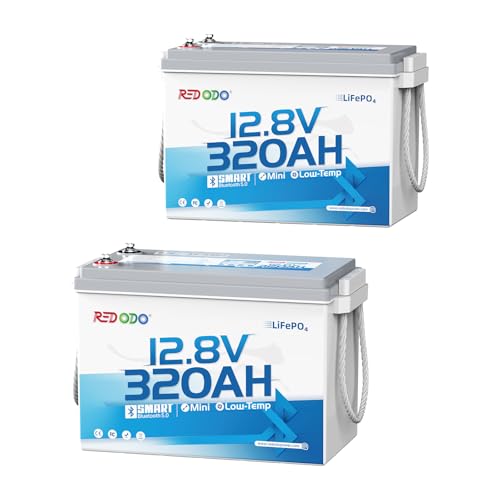 Redodo 2 Pack 12V 320Ah Mini Bluetooth LiFePO4 Battery, 200A BMS, Low-Temp Cutoff, 4.096kWh Lithium Iron Phosphate Battery, 15000 Deep Cycles, Best for RV, Camp, Marine, Solar Home