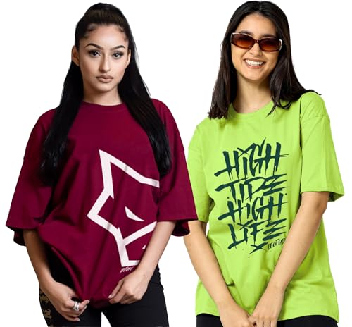 Image of LEOTUDE Cottonblend Oversized Half Sleeve Colorful Printed Combo T-Shirts for Women (Pack of 2)
