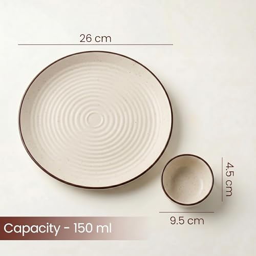 Image of The Earth Store Spiral White Ceramic Dinner Set, 18 Pieces with 6 Dinner Plates & 12 Vegetable Bowls | Microwave & Dishwasher Safe | Crockery Set for Dining & Gifting