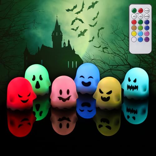 Image of Eldnacele Ghost Flickering Flameless Candles with Remote and Timer, Battery Operated Color Changing Lights Spooky Ambiance LED Tea Lights for Halloween Fireplace Indoor Decoration (6Pcs, 2 inch x 2.4 inch)