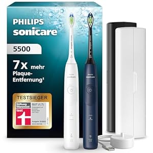 Philips Sonicare 5500 elektrische Zahnbürste, Sonic Zahnbürste mit 2 Putzmodi, Andruckkontrolle, EasyStart, SmarTimer und BrushPacer, Weiß und Navy, 2er-Pack, Modell HX7119/01 [Neue Technologie]