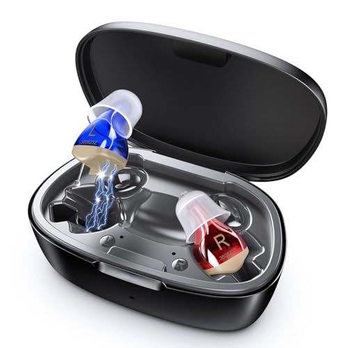 Hearing Aids for Seniors, Invisible Hearing Amplifiers with Noise Cancelling, Rechargeable Hearing Aids for Severe Hearing Loss Adults, Comfort In-ear Hearing Devices (Blue&Red)