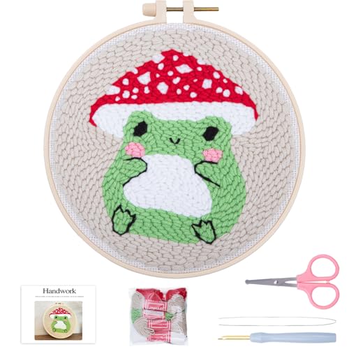 Image of Louise Maelys Beginners Punch Needle kit,Embroidery Starter Kits for Adults,Rug Tool,Cross Stitch Including Handle Pen,Cloth,Hoop,Threads and Instruction-Mushroom Frog Pattern