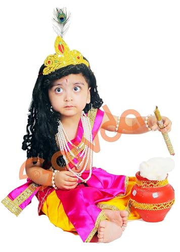 Image of Sarvda Shree Krishna Dress for Baby Boy & Radha Dress for Girls | Janamashtami Dress | Fancy Dress Costume with Accessories Dhoti, Dupatta, Mukut Flute Complete set, Ethnic wear