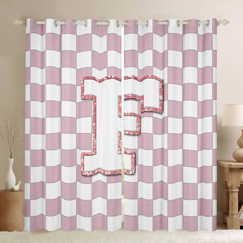 Image of Erosebridal Pink Initial F Window Curtains 42 inch Wx63 L Kawaii Plaid Checkered Blackout Curtains for Kids Girls Bedroom,Cute Personalized Monogram Window Treatments Grids Gingham Drapes Decor 2 Panels