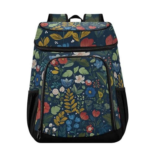 Wildflowers Plant Dark Blue Cooler Backpack Cooler Insulated Leak Proof Lunch Backpack 36 Cans Waterproof Soft for Men Women Picnic Hiking Camping Beach