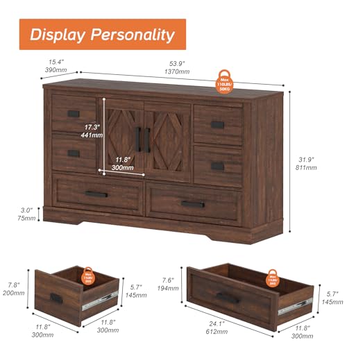 Image of WAMPAT 54 inch W Large Sideboard Buffet Cabinet with Storage,Wood Farmhouse Sideboard Table with Barn Doors and Drawers for Kitchen,Dining Room,Coffee Bar,Dark Brown