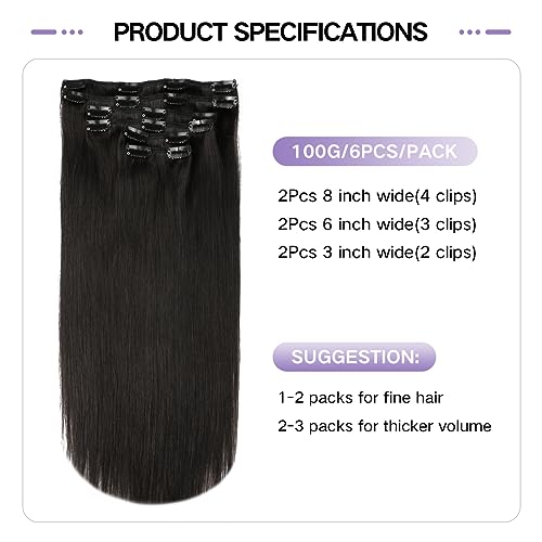 Sindra Clip in Hair Extensions Real Human Hair 100g 6pcs 14 Inch Natural Black Clip in Extensions Soft Straight #1B 14" - Image 2