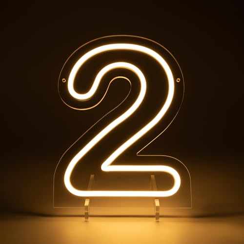 Image of Number 2 LED Neon Sign Backdrop Birthday Party Decoration, 11.3 inch Height Warm White Marquee Number Two Light Up Sign for Wedding Anniversary Window Wall Table, Indoor Battery Operated or USB