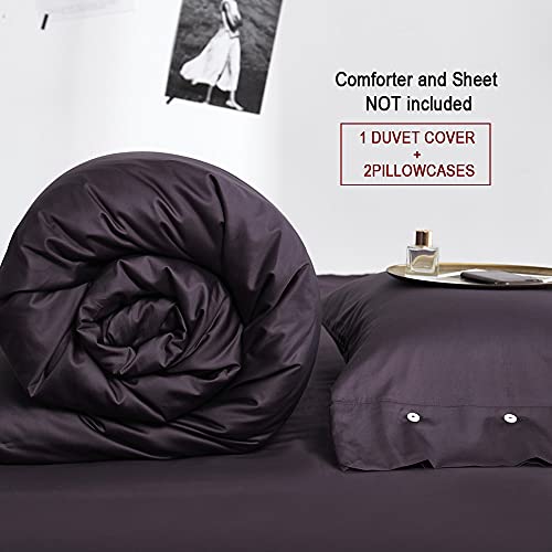 Image of EAVD Solid Color Dark Purple Duvet Cover Queen Soft 100% Cotton Purple Bedding with 2 Button Pillowcases Luxury Modern Style Purple Comforter Set with Zipper Closure(NO Comforter)