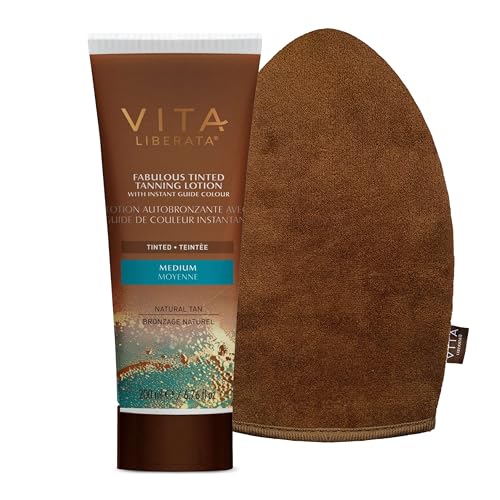 VITA LIBERATA Tinted Tan Lotion Medium 200ml & Mitt Bundle Hydrating Tanning Lotion Sun-Kissed Tan Designed for Face & Body Use Tinted Lasting Tan Streak Free Blend