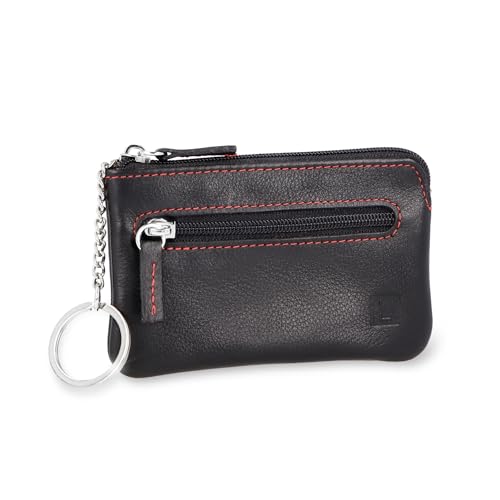 LEDEROW Schlüsseltasche mit 2 separaten Reißverschlussfächern aus echtem Leder in Schwarz mit roter Naht für Damen und Herren, kompaktes Schlüsseletui für Schlüssel und Autoschlüssel