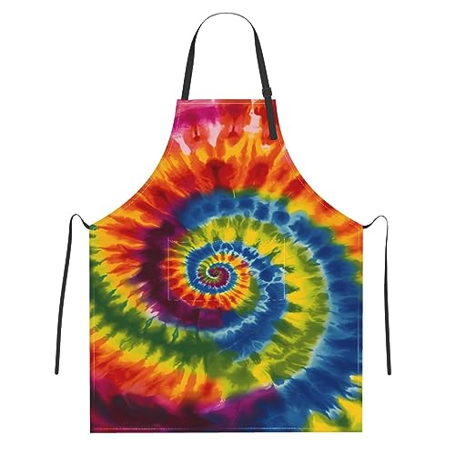 Mount Hour Tribal Ethnic Tie Dye Adjustable Apron with 2 Pockets, Spiral Colorful Chef Bib for Garden Cooking Painting