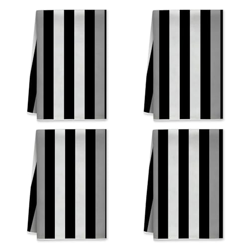 Lot de 4 torchons de cuisine modernes et minimalistes à rayures - Noir et blanc - Réutilisables - Décoration de comptoir - 40,6 x 61 cm