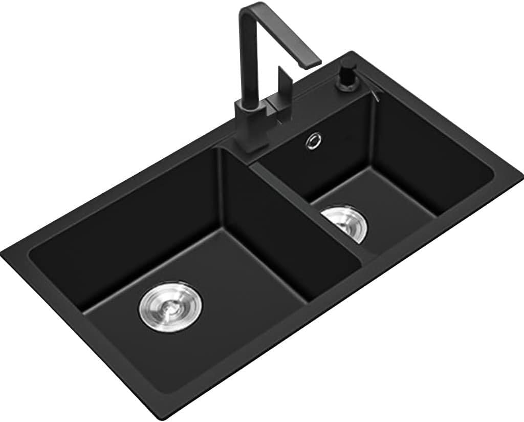 Quartz Stone Kitchen Bar Sink with Faucet - Double Bowl Prep Sink, Drop-in or Undermount Installation, Easy to Clean, Black Square Design,Black~b-80x45cm