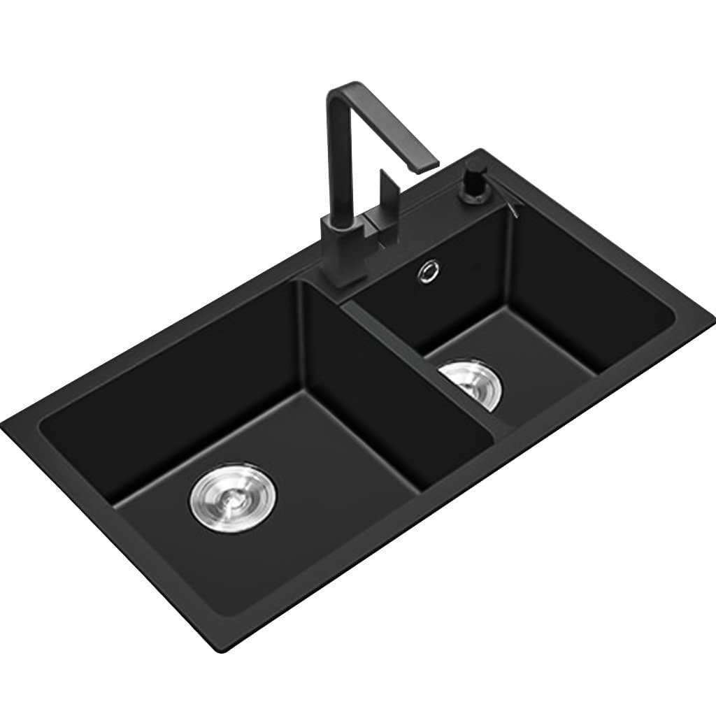 Sddpulse Black~B Quartz Stone Kitchen Bar Sink With Faucet - Double Bowl Prep Sink, Built-In Or Built-In Installation, Easy Clean, Black Square Design, Black ~B-82X46