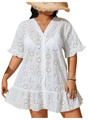 MakeMeChic Women's Plus Size Cover Up Swimsuit Hollow Out Short Sleeve V Neck Bikini Coverup