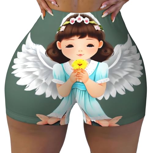 Cute Little Angel Pattern Sports Shorts, high Elastic Slim Fitness Pants, Suitable for Yoga/Leisure/Daily wear