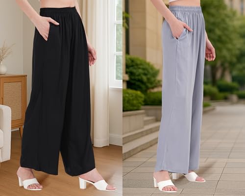 Image of Buy That Trendz Palazzo Pants for Women Cotton Rayon Elasticated Flared Wide Leg Regular Fit M to 6XL Pack of 2
