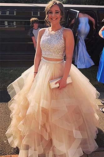 Judyfeel Two Piece Quinceanera Prom Dresses Beaded Tulle Sweet 16 Party Gowns Ball Gown Champagne Us2 #TOP3
