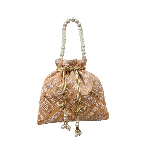 EK PAHECHAN Women's Handmade Heavy Lucknowi Embroidery Work Potli Bag with Pearl Tassels Handle
